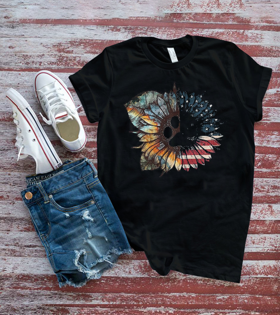 Great Vintage Sunflower American Flag Patriotic Floral T-Shirt