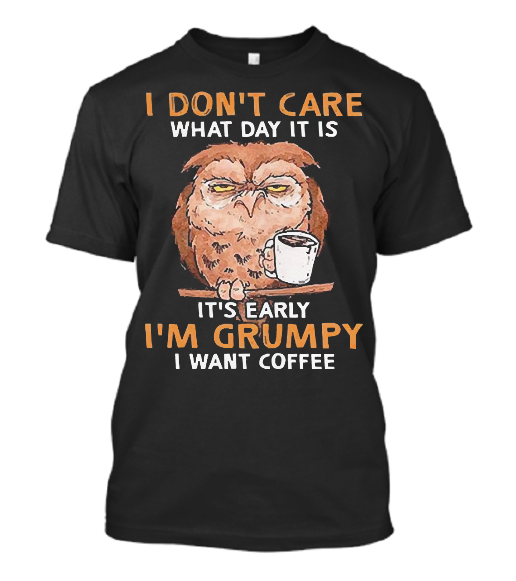 Grumpy Owl Coffee Morning I Don’t Care What Day It Is T-Shirt