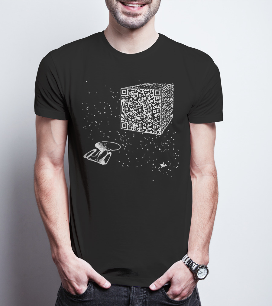 Scan QR Code Spaceship And Cube In Space T-Shirt