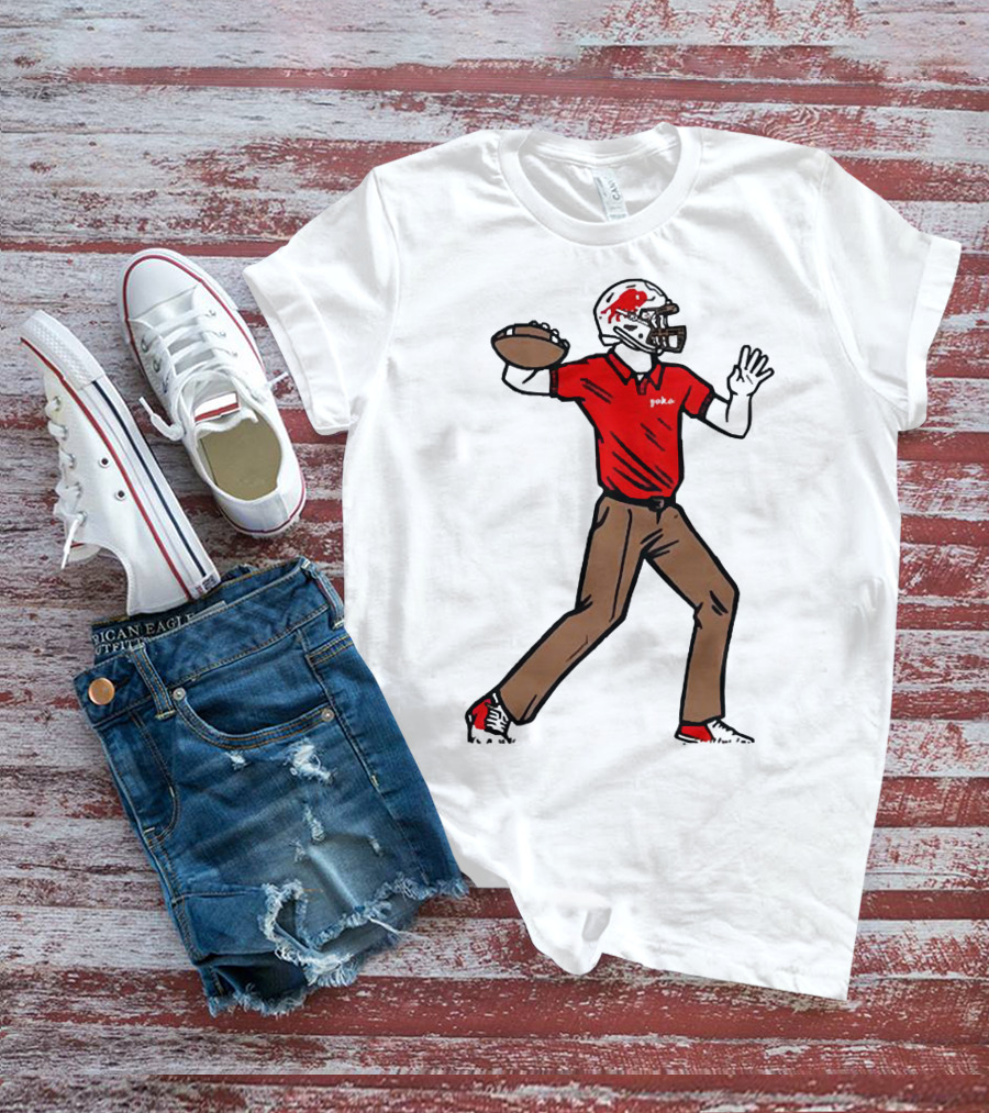 Jake From Buffalo Football Player Throwing Pass Brown Pants Red Shirt Helmet T-Shirt