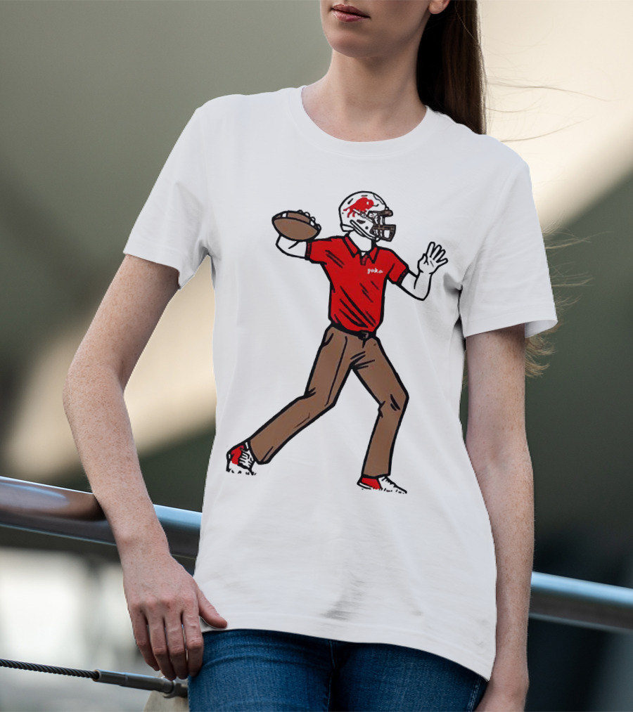 Jake From Buffalo Football Player Throwing Pass Brown Pants Red Shirt Helmet T-Shirt