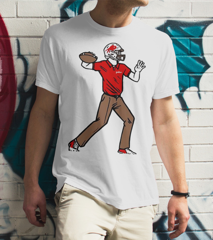 Jake From Buffalo Football Player Throwing Pass Brown Pants Red Shirt Helmet T-Shirt