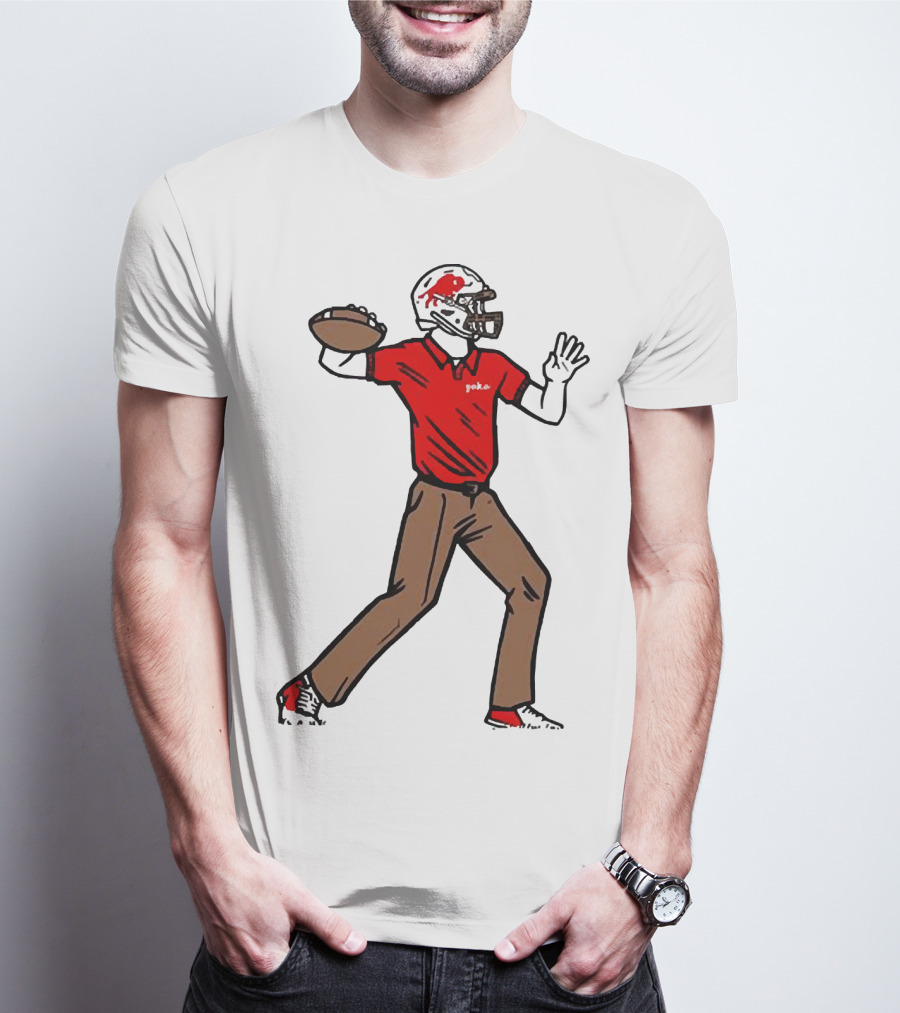 Jake From Buffalo Football Player Throwing Pass Brown Pants Red Shirt Helmet T-Shirt