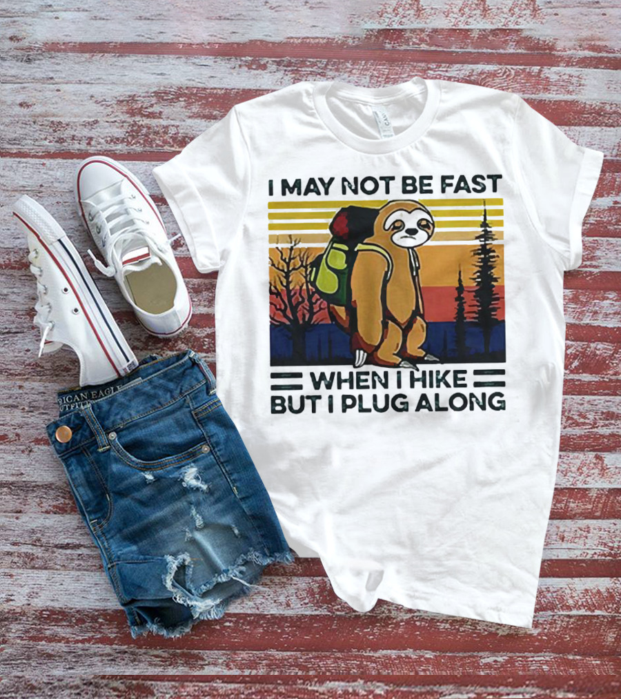 I May Not Be Fast When I Hike But I Plug Along Sloth Retro Forest Scene T-Shirt
