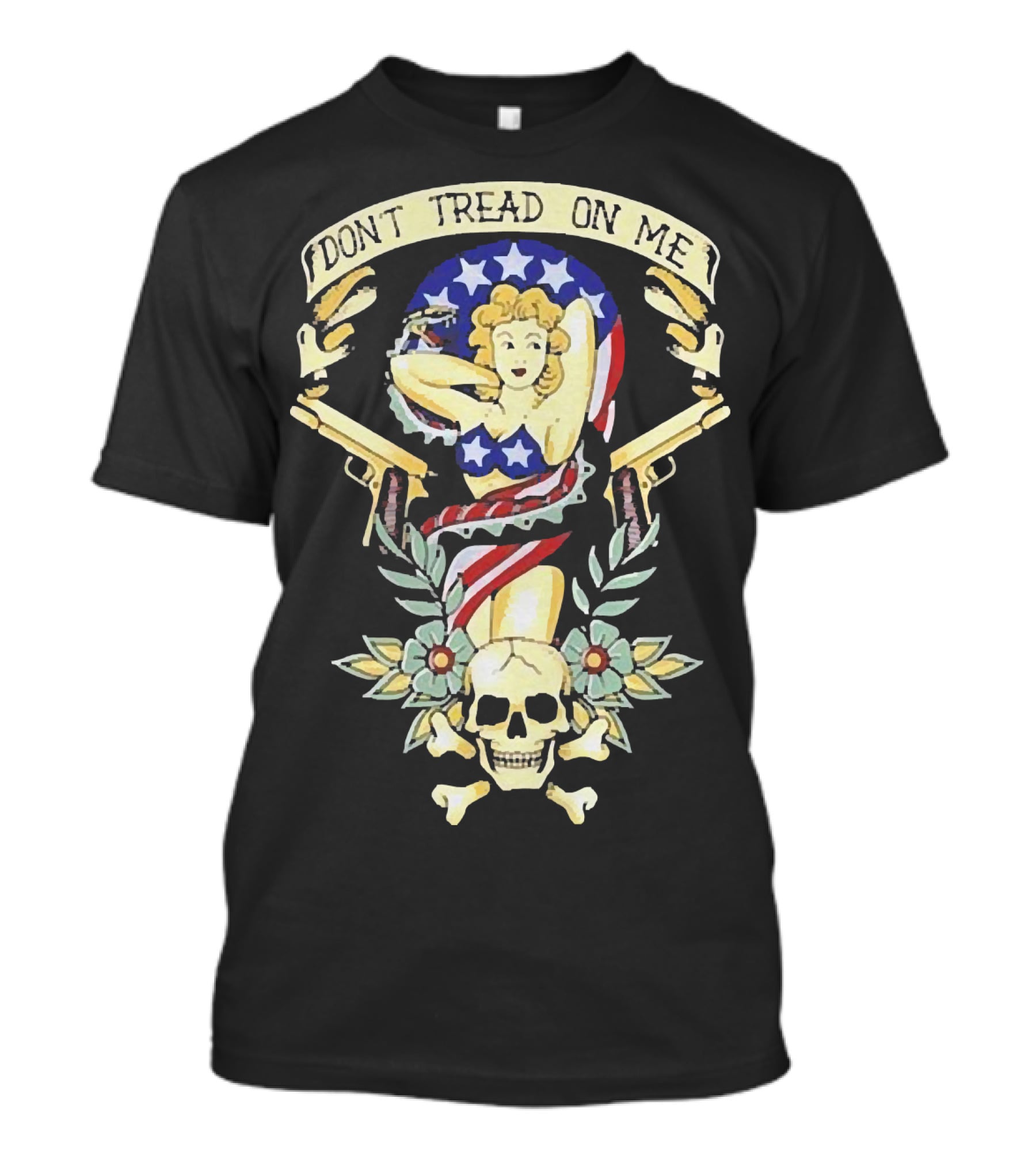 DONT TREAD ON ME Americana Pin-Up Skull Crossbones Dual Pistols Stars Stripes Wings Laurel T-Shirt