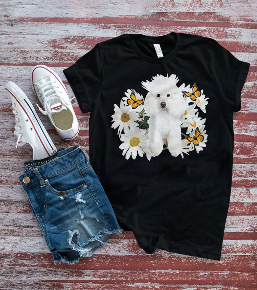 French Poodle Daisy With Butterflies And Flowers T-Shirt