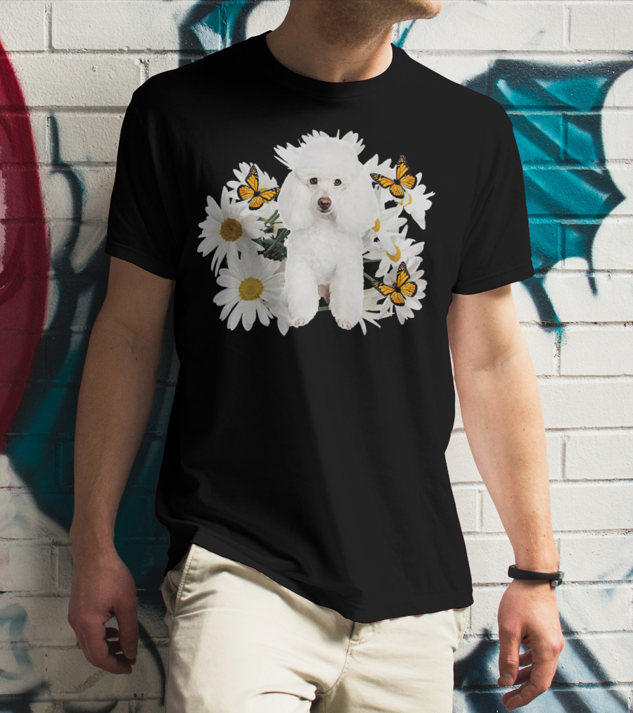 French Poodle Daisy With Butterflies And Flowers T-Shirt