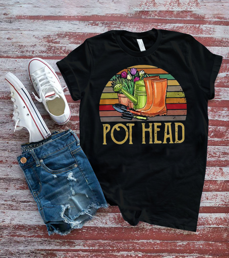 Pot Head Gardening Boots Watering Can Flowers Sunset Stripes T-Shirt