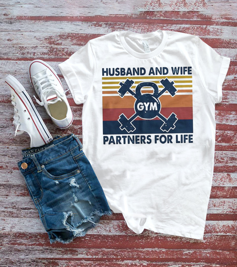 Husband And Wife Gym Partners For Life Kettlebell And Dumbbells Vintage Stripes T-Shirt