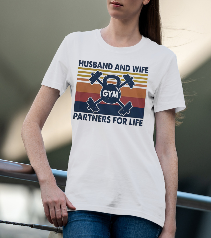 Husband And Wife Gym Partners For Life Kettlebell And Dumbbells Vintage Stripes T-Shirt