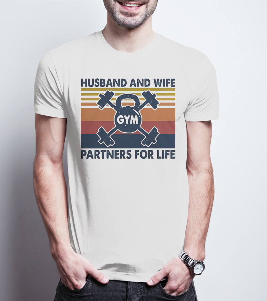 Husband And Wife Gym Partners For Life Kettlebell And Dumbbells Vintage Stripes T-Shirt