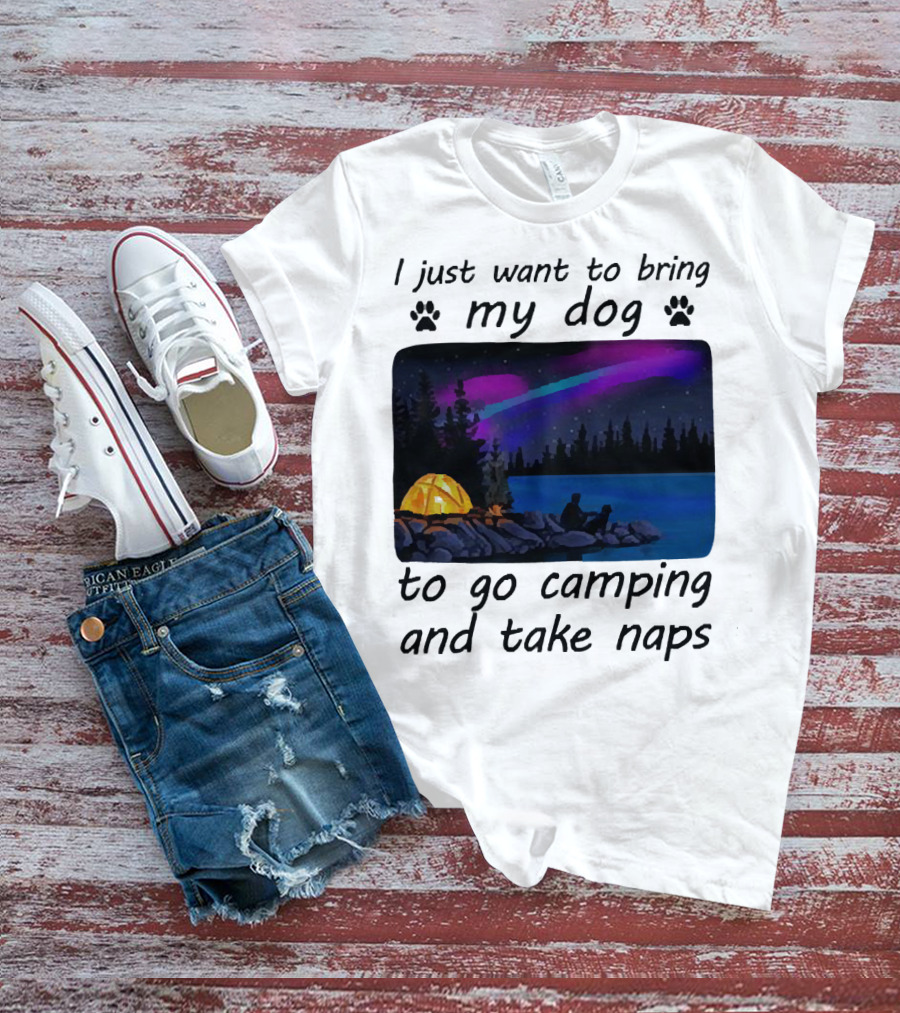 I Just Want To Bring My Dog To Go Camping And Take Naps With Aurora Borealis And Tent By Lake T-Shirt