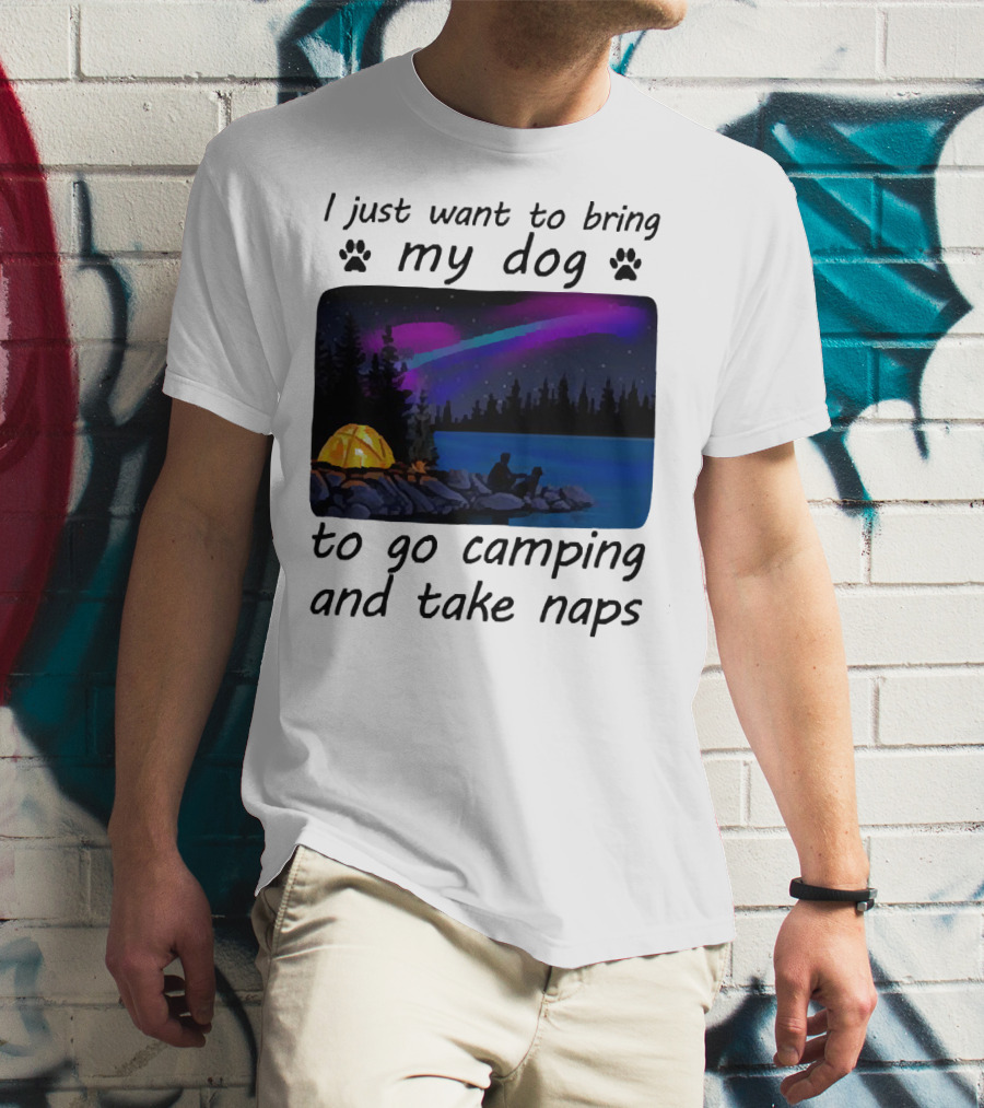 I Just Want To Bring My Dog To Go Camping And Take Naps With Aurora Borealis And Tent By Lake T-Shirt