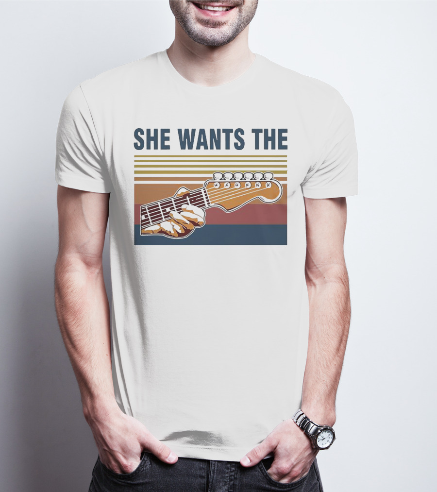 SHE WANTS THE GUITAR Retro Stripes Hand Playing Strings T-Shirt