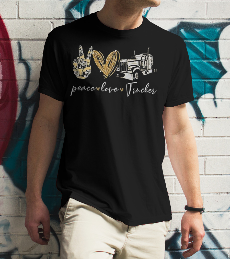 Peace Love Trucker Hand Gesture Heart Truck T-Shirt