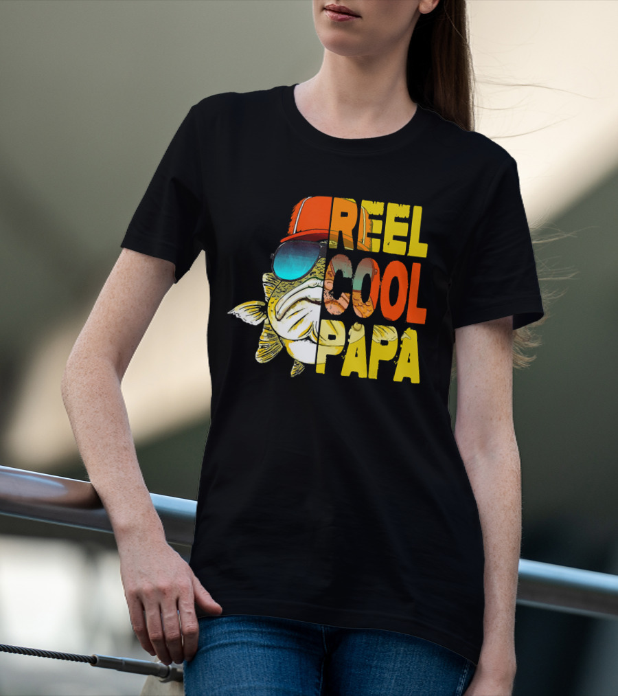 Fathers Day Fishing Reel Cool Papa Fish Wearing Hat Sunglasses T-Shirt