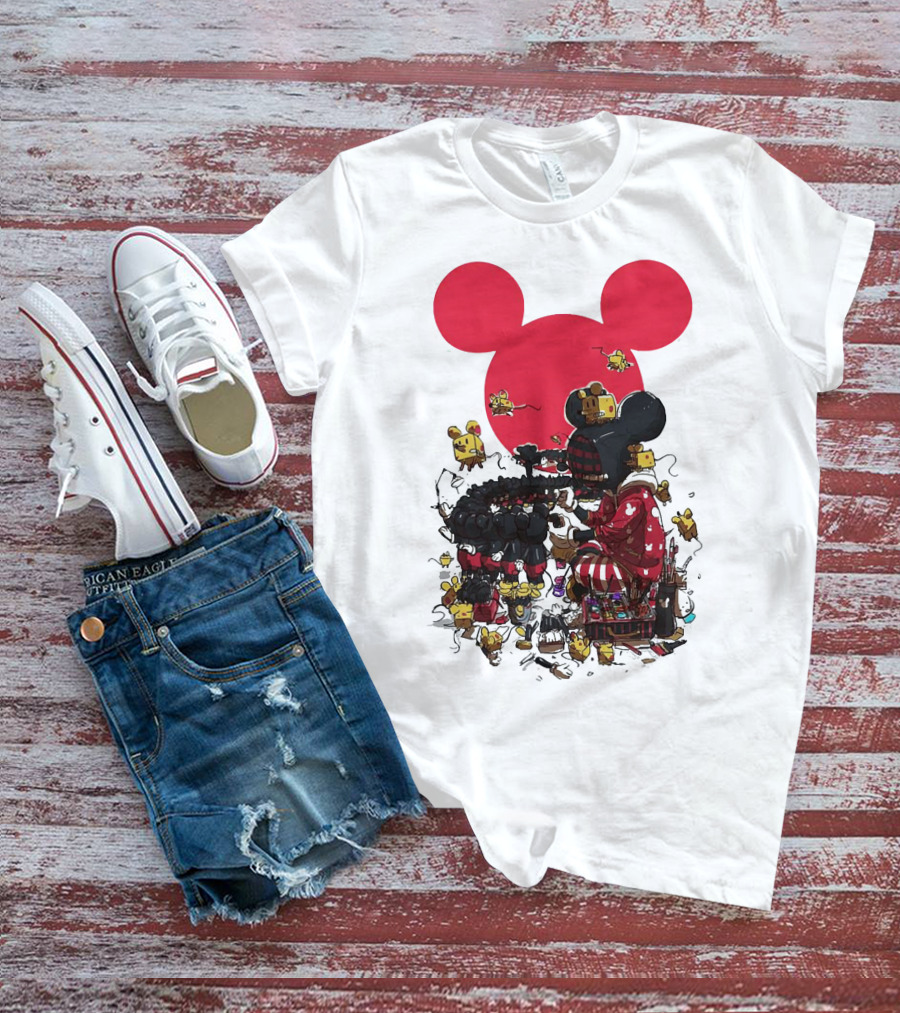 Mickey Mouse Red Circle Artist Scene With Small Characters T-Shirt