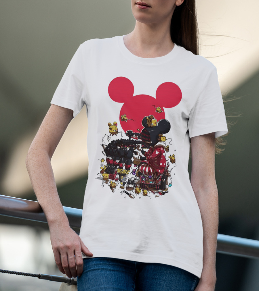 Mickey Mouse Red Circle Artist Scene With Small Characters T-Shirt