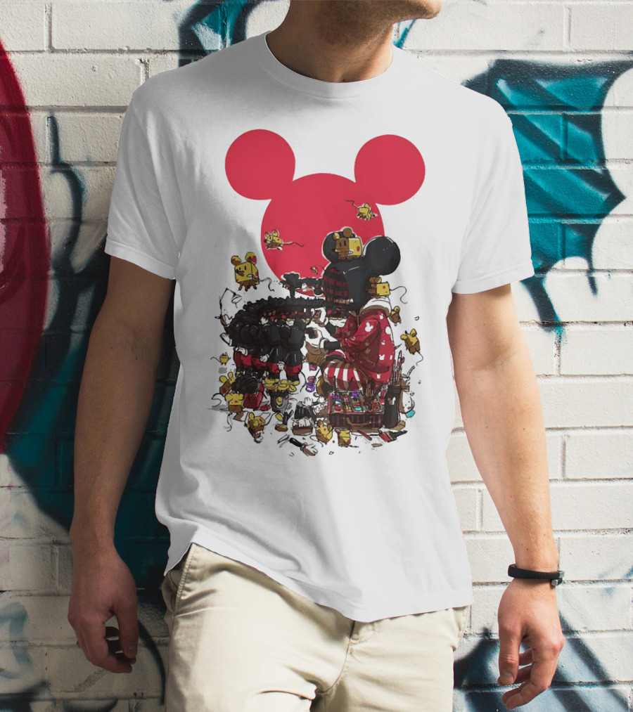 Mickey Mouse Red Circle Artist Scene With Small Characters T-Shirt