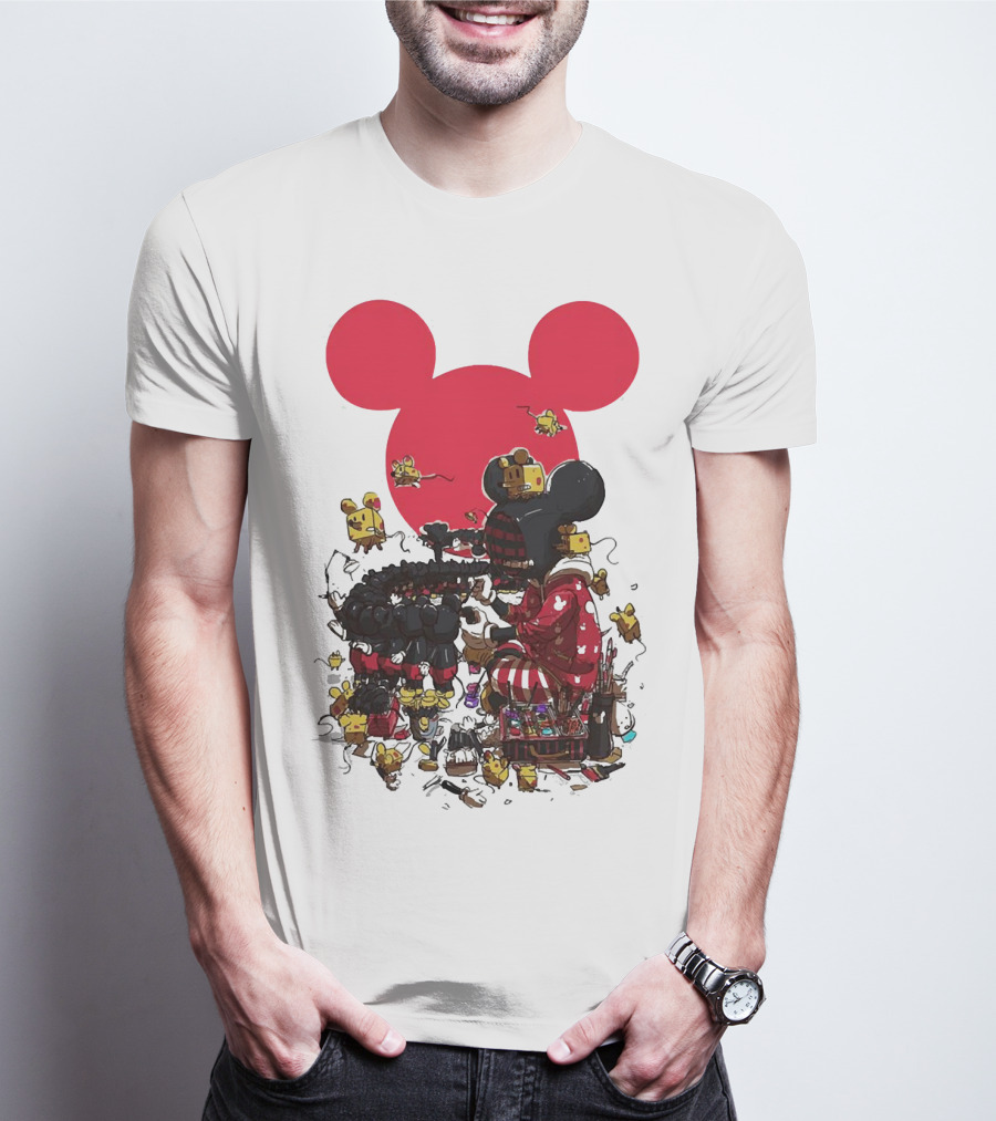 Mickey Mouse Red Circle Artist Scene With Small Characters T-Shirt