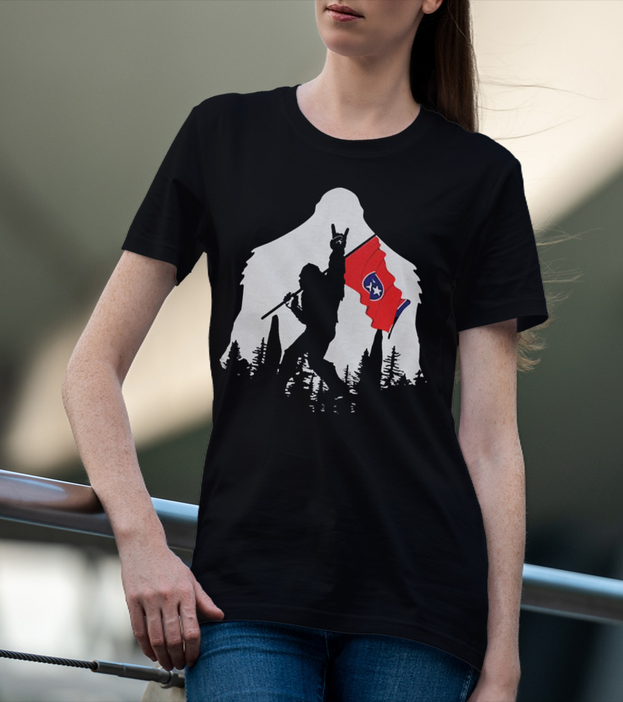 Bigfoot Silhouette With Rock And Roll Pose Holding Tennessee Flag In Forest T-Shirt
