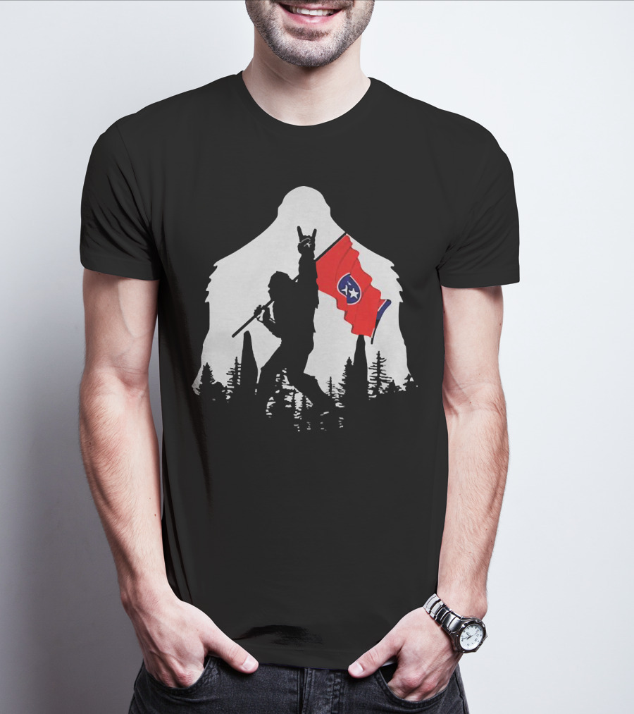Bigfoot Silhouette With Rock And Roll Pose Holding Tennessee Flag In Forest T-Shirt