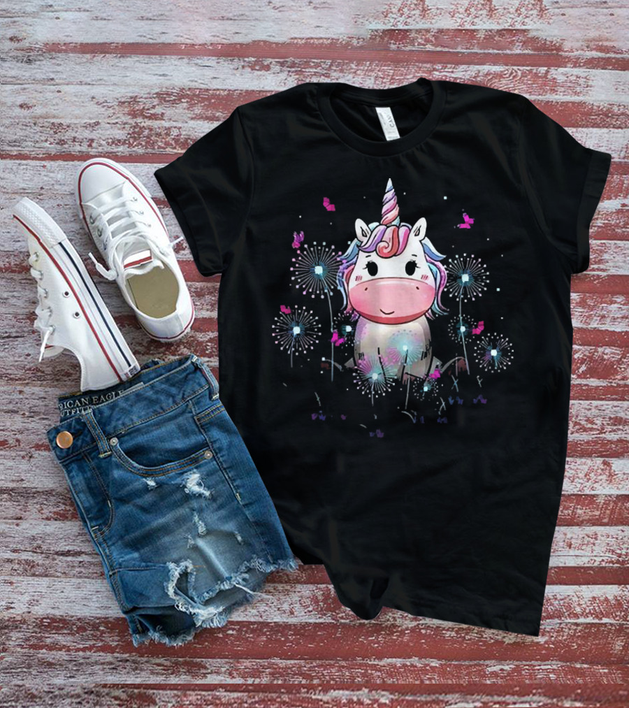 Baby Unicorn With Dandelion Flowers And Butterflies T-Shirt