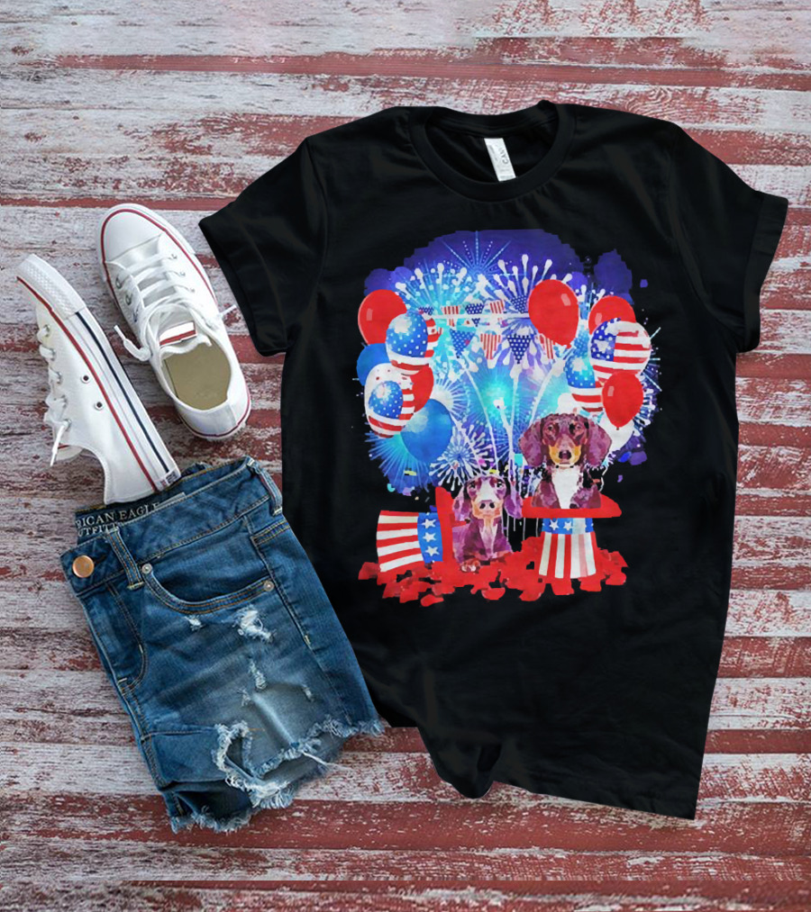 Dachshund American Flag Fireworks Balloons Independence Day T-Shirt