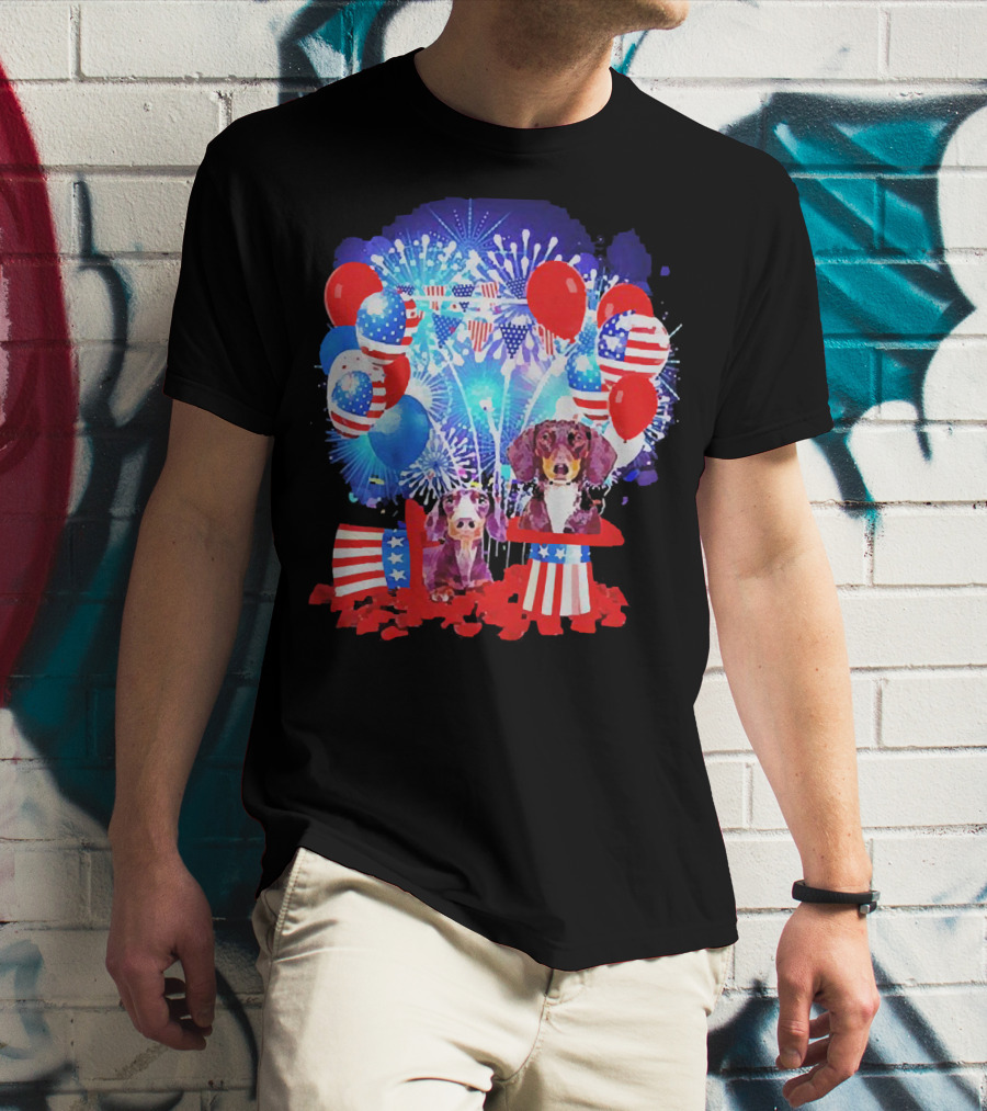 Dachshund American Flag Fireworks Balloons Independence Day T-Shirt