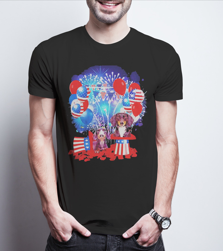 Dachshund American Flag Fireworks Balloons Independence Day T-Shirt