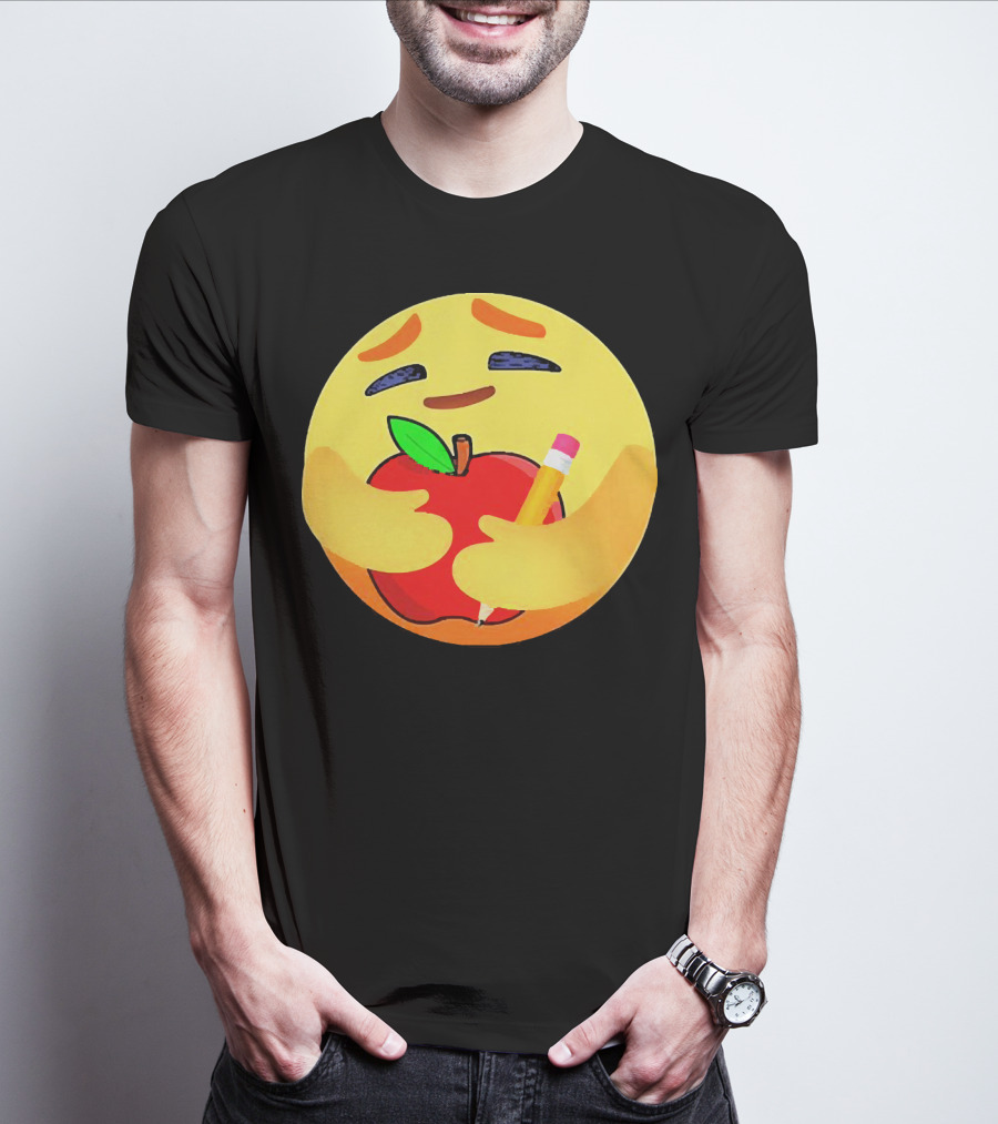 Teacher Care Emoji Hugging Apple And Pencil T-Shirt