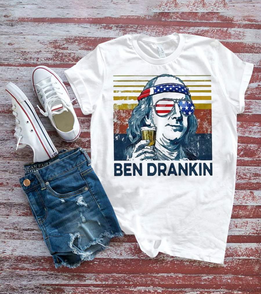 Ben Drankin Beer American Flag Sunglasses Patriotic Benjamin Franklin T-Shirt