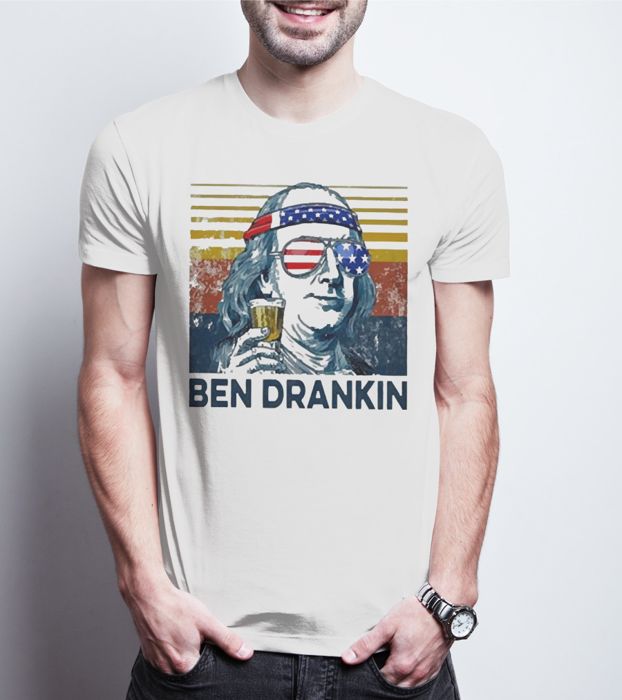 Ben Drankin Beer American Flag Sunglasses Patriotic Benjamin Franklin T-Shirt