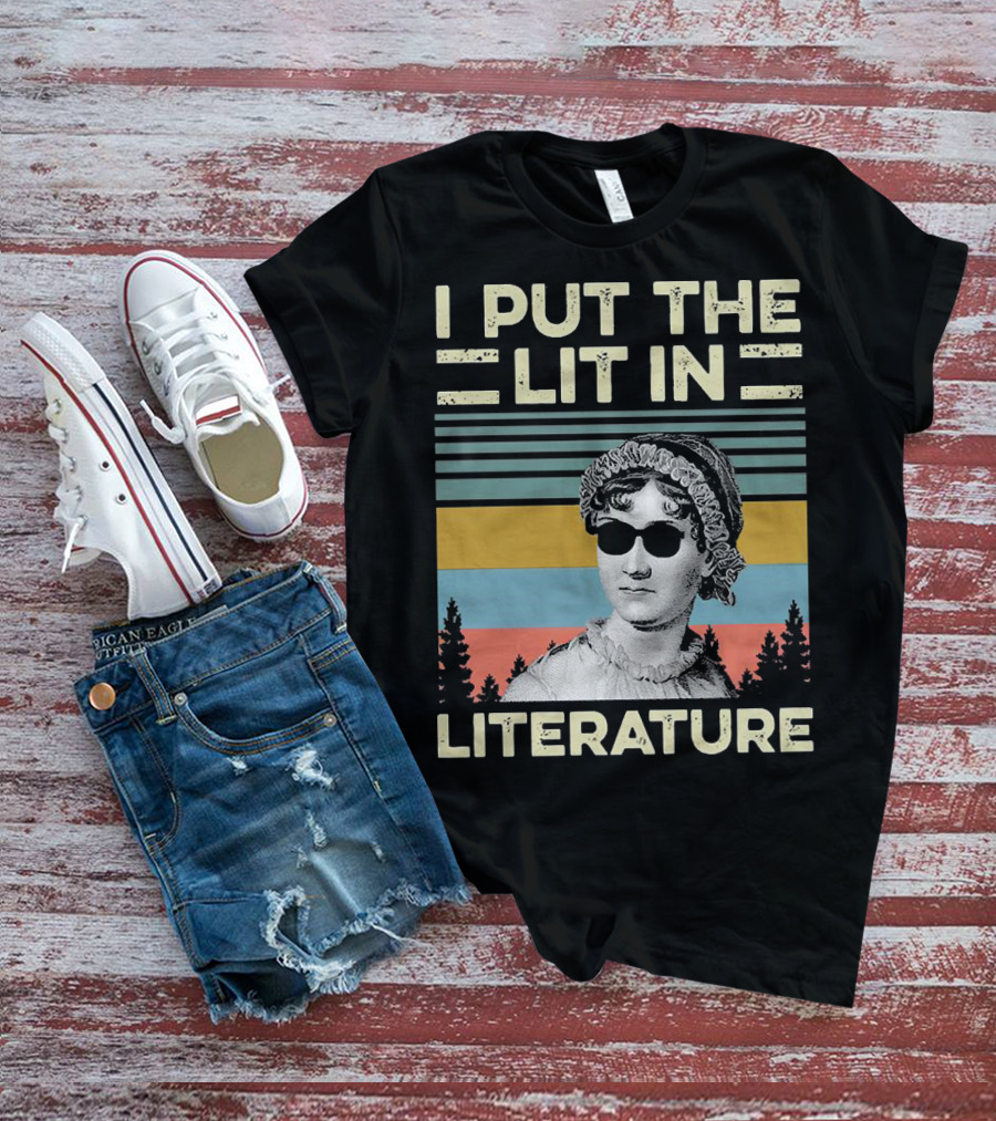 I Put The Lit In Literature Jane Austen Vintage Sunglasses Retro Forest Stripes T-Shirt