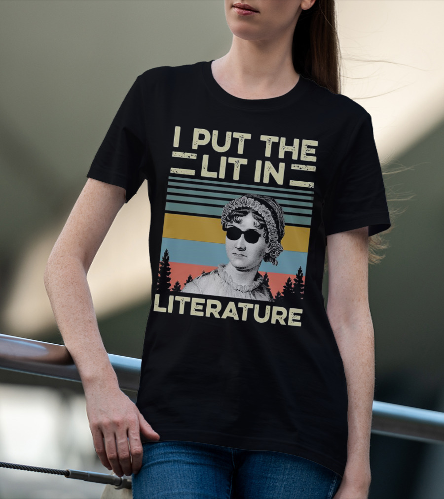 I Put The Lit In Literature Jane Austen Vintage Sunglasses Retro Forest Stripes T-Shirt