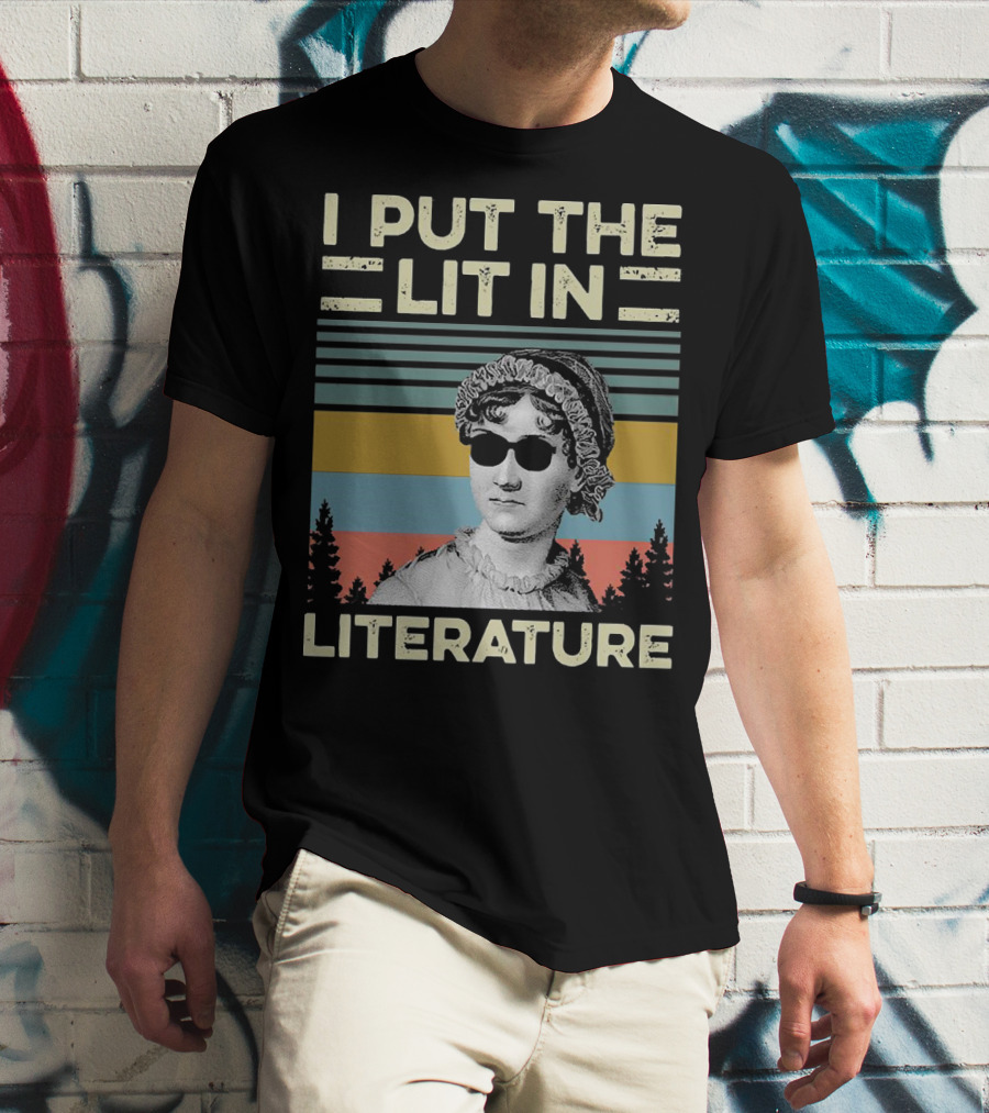 I Put The Lit In Literature Jane Austen Vintage Sunglasses Retro Forest Stripes T-Shirt