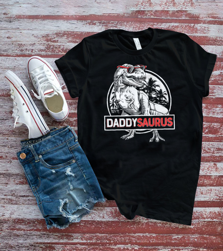 Daddysaurus Rex Daddy Saurus Dinosaur With Sunglasses And Palm Trees T-Shirt