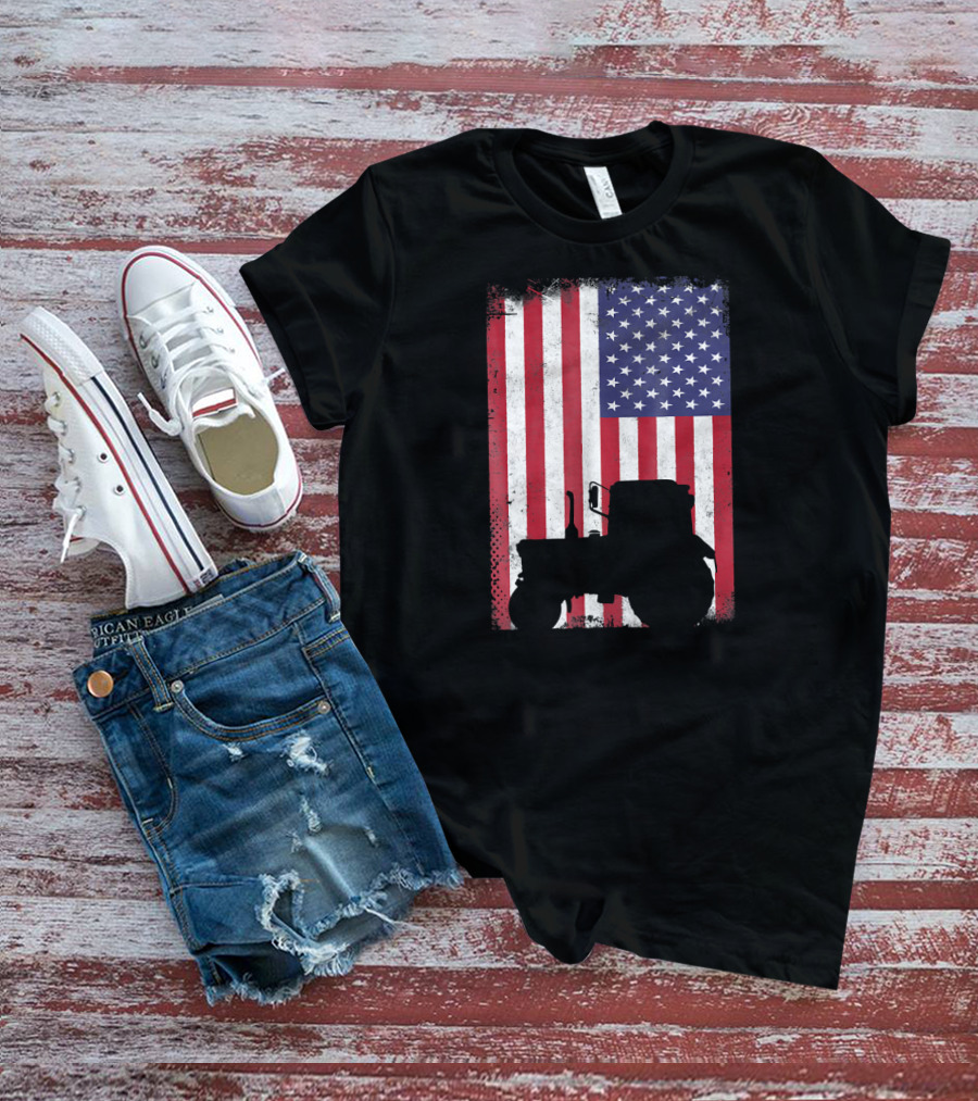 Patriotic American Flag With Vintage Tractor Farming T-Shirt