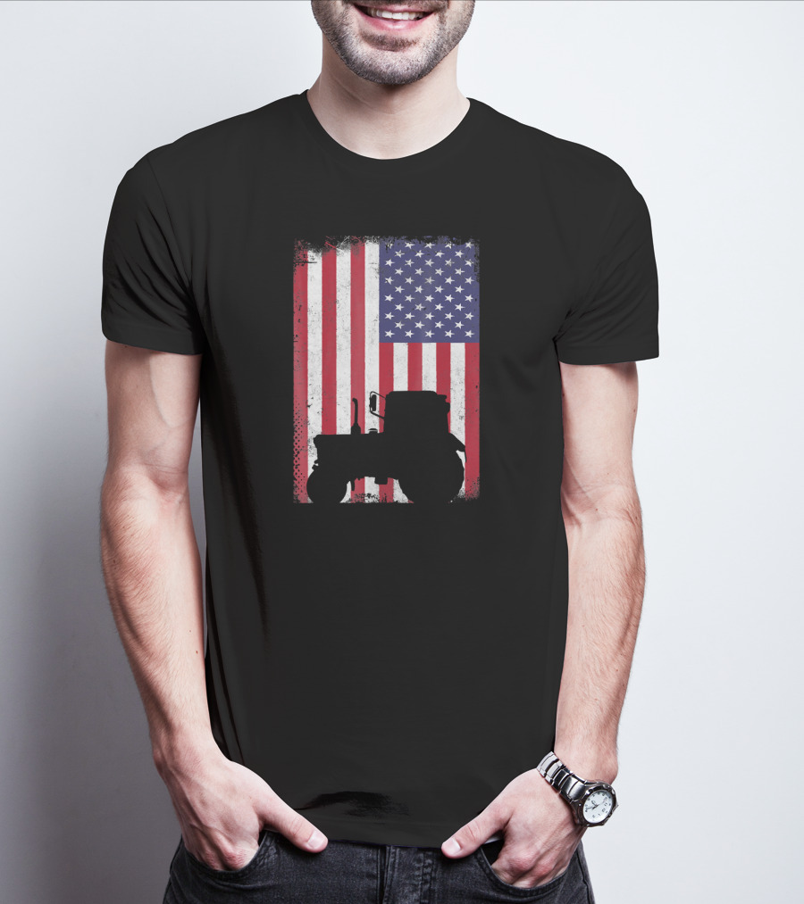 Patriotic American Flag With Vintage Tractor Farming T-Shirt