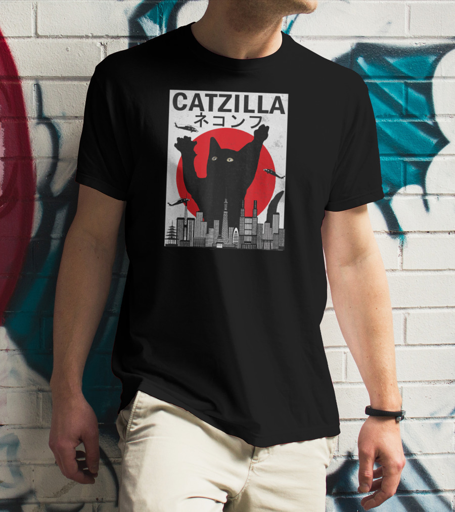 Catzilla Japanese Sunset Style Cat With Helicopter And Skyline Elements T-Shirt