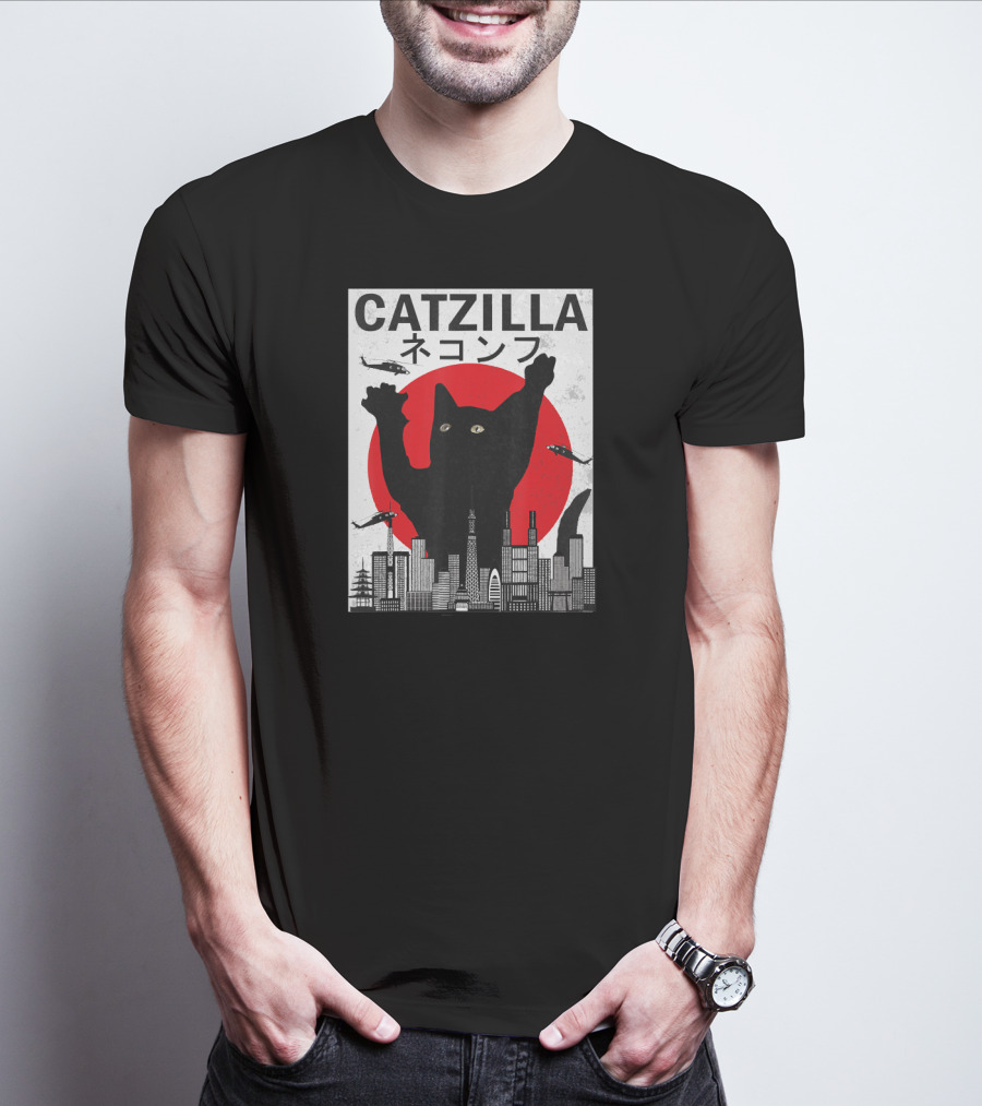 Catzilla Japanese Sunset Style Cat With Helicopter And Skyline Elements T-Shirt