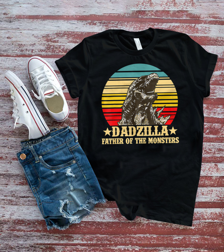 Dadzilla Father Of The Monsters Dinosaur Retro Sunset Stripe T-Shirt