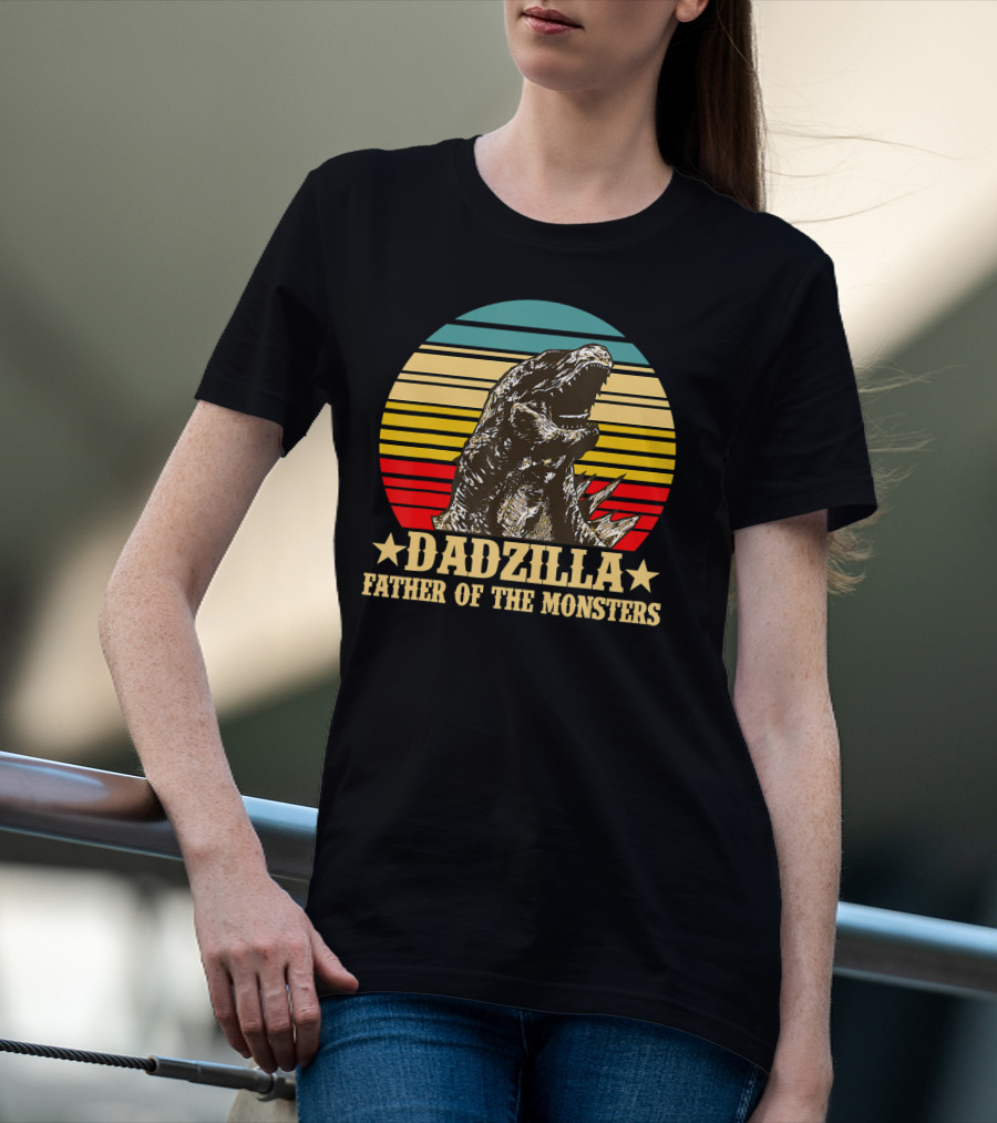 Dadzilla Father Of The Monsters Dinosaur Retro Sunset Stripe T-Shirt