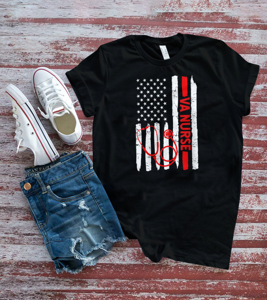 American Flag VA Nurse Stethoscope Black History Month T-Shirt