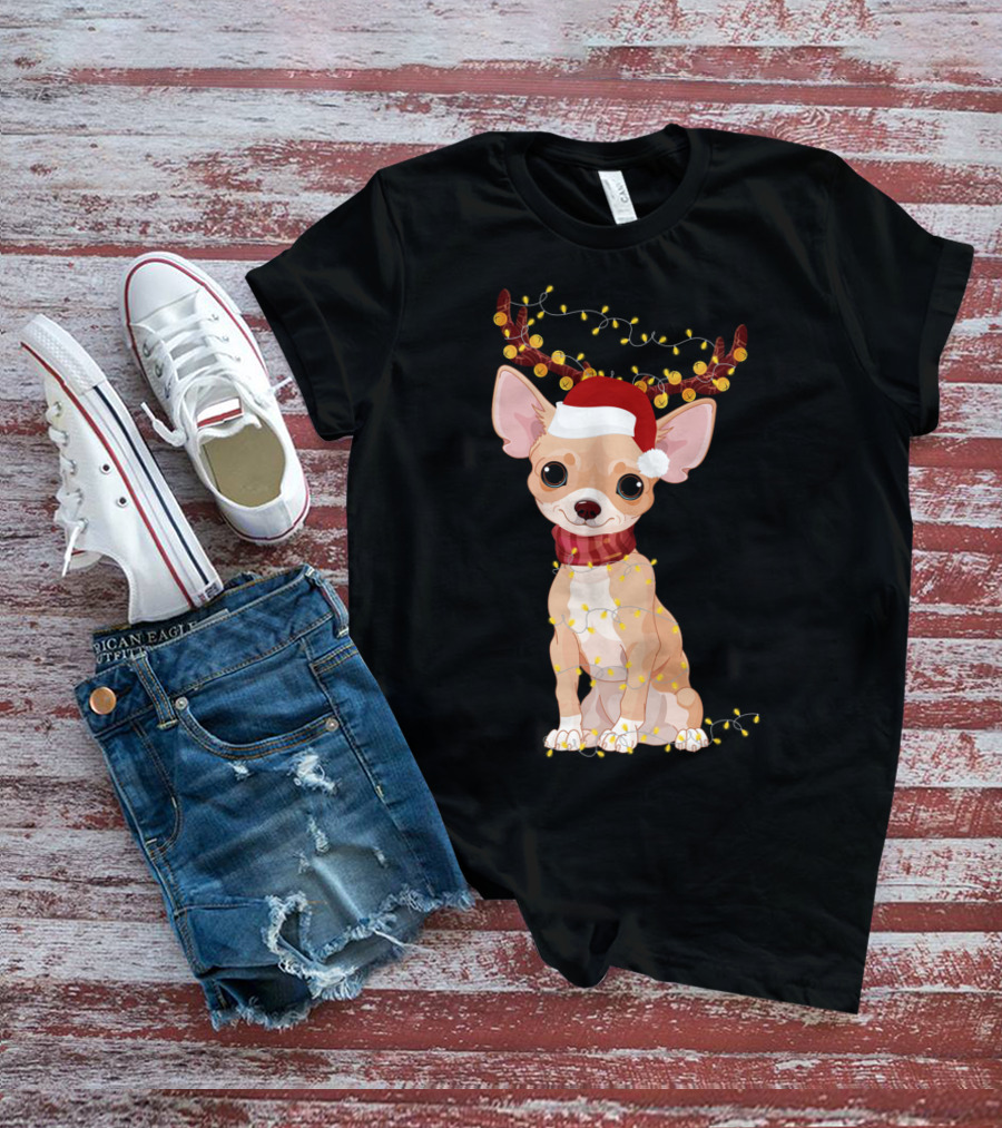 Chihuahua With Santa Hat Reindeer Antlers Christmas Lights Noel T-Shirt