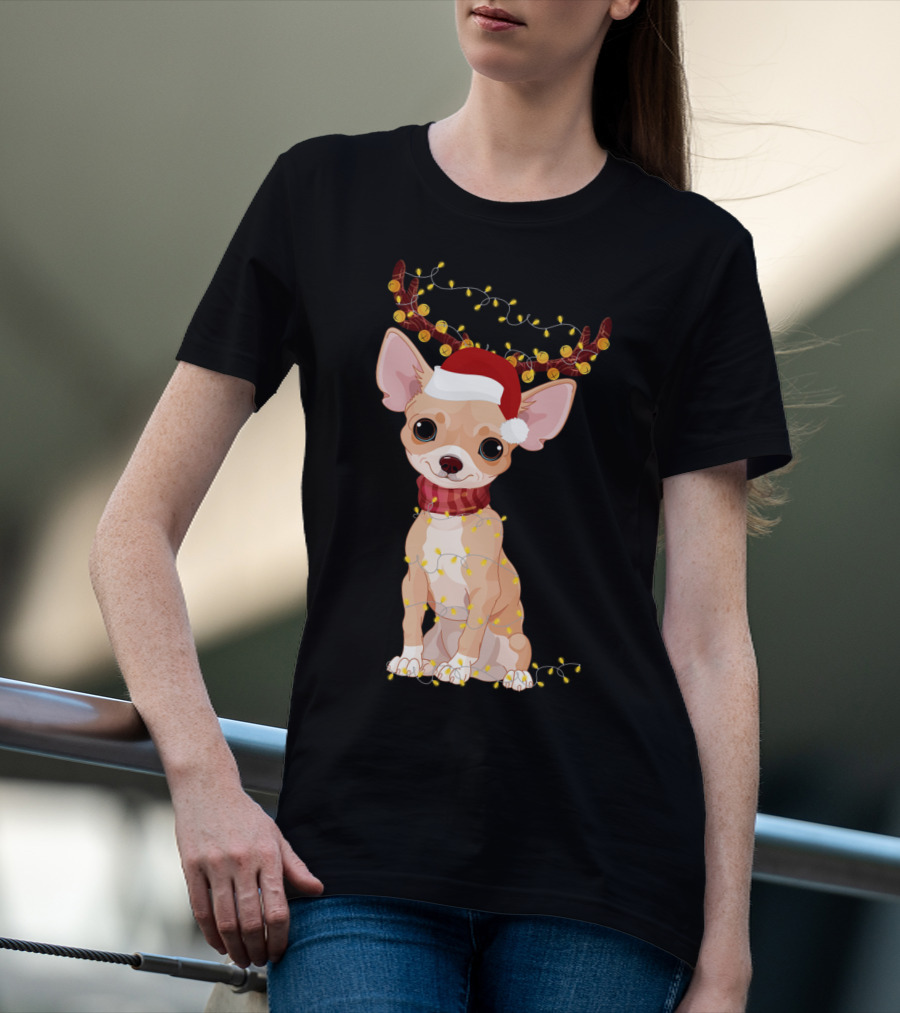 Chihuahua With Santa Hat Reindeer Antlers Christmas Lights Noel T-Shirt