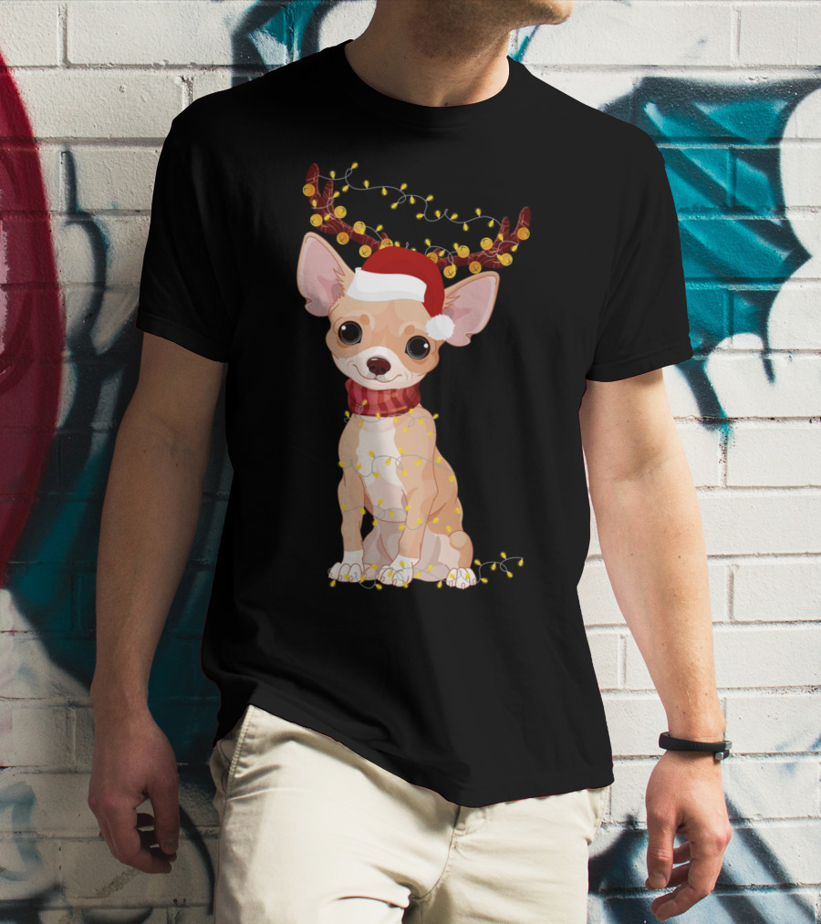 Chihuahua With Santa Hat Reindeer Antlers Christmas Lights Noel T-Shirt