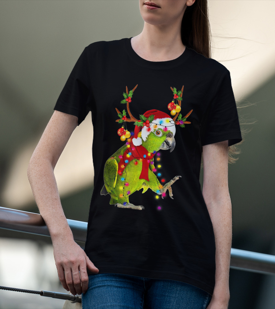 Cockatoo Parrot Reindeer Antlers Christmas Lights Santa Hat T-Shirt