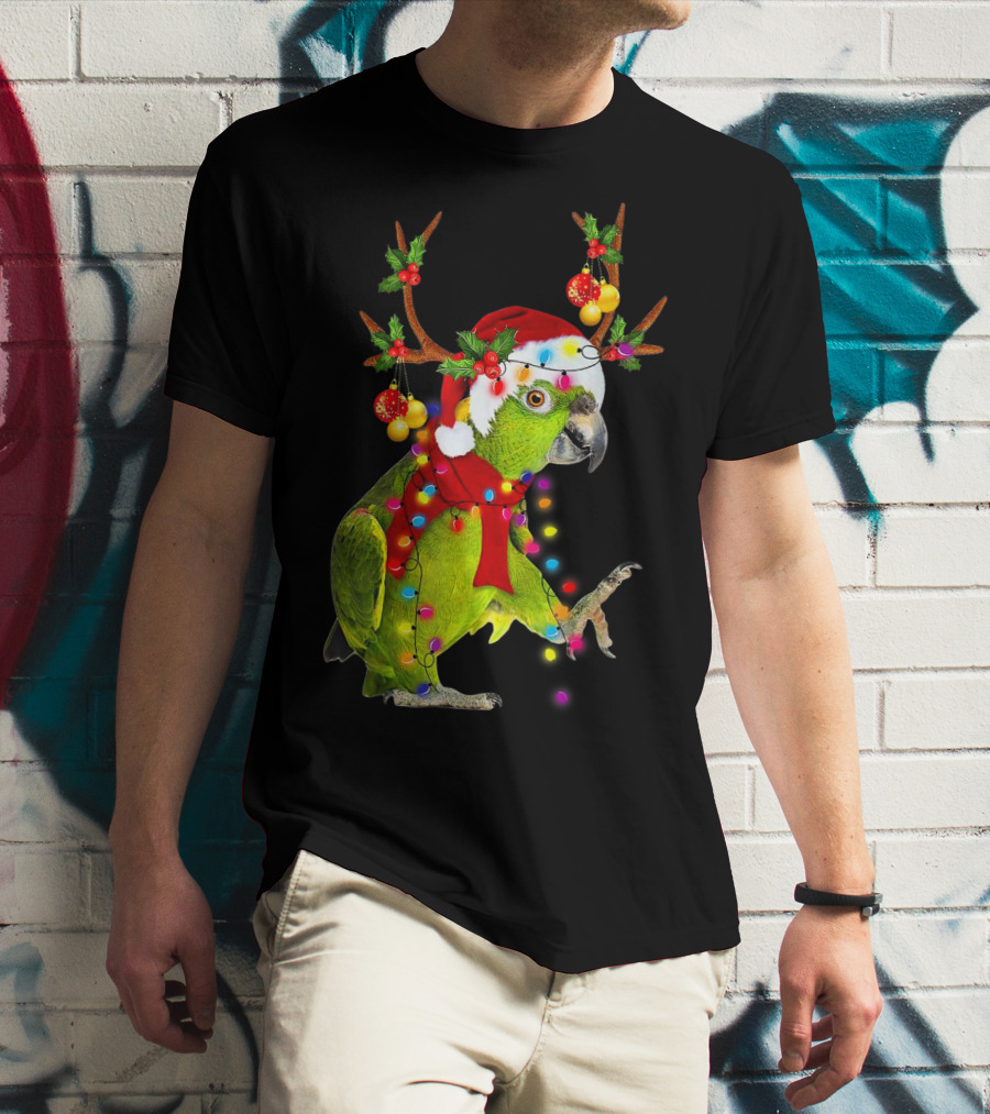 Cockatoo Parrot Reindeer Antlers Christmas Lights Santa Hat T-Shirt