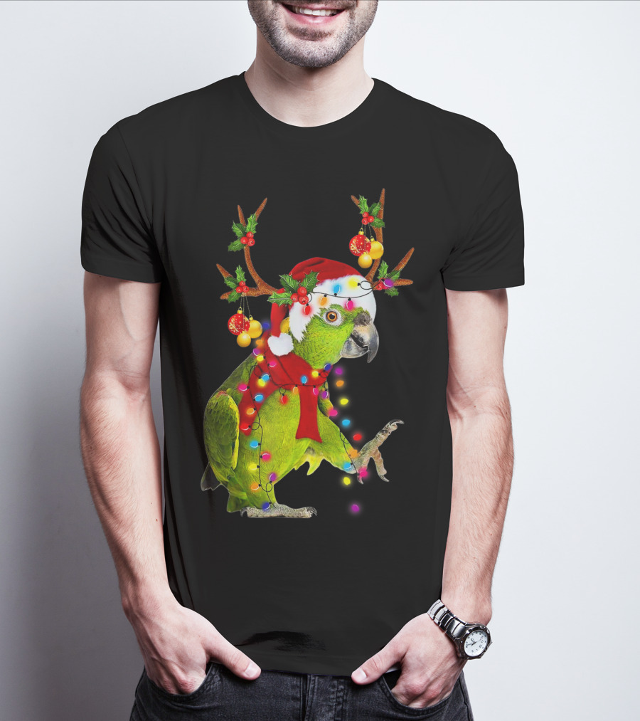 Cockatoo Parrot Reindeer Antlers Christmas Lights Santa Hat T-Shirt